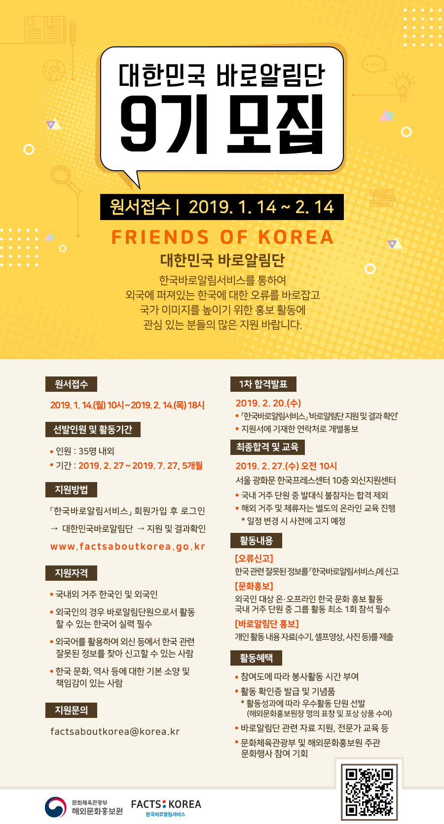 대한민국 바로알림단 9기 모집. 원서접수 2019.1.14~2.14. FRIENDS OF KOREA. 대한민국 바로알림단. 한국바로알림서비스를 통하여 외국에 퍼져있는 한국에 대한 오류를 바로잡고 국가 이미지를 높이기 위한 홍보활동에 관심 있는 분들의 많은 지원 바랍니다.ㅇ 원서접수: 2019. 1. 14.(월) 10시 ~ 2. 14.(목) 18시. ㅇ선발인원 및 활동기간 : 인원-35명 내외. 기간-2019.2.27~2019.7.27, 5개월. ㅇ지원방법 : 한국바로알림서비스 회원가입 후 로그인 - 대한민국바로알림단 - 지원 및 결과확인 www.factsaboutkorea.go.kr. ㅇ지원자격: -국내외 거주 한국인 및 외국인. -외국인의 경우 바로알림단원으로서 활동할 수 있는 한국어 실력 필수. -외국어를 활용하여 외신 등에서 한국 관련 잘못된 정보를 찾아 신고할 수 있는 사람. -한국 문화, 역사 등에 대한 기본 소양 및 책임감이 있는 사람. ㅇ지원문의: factsaboutkorea@korea.kr . ㅇ 1차 합격발표: 2019. 2. 20.(수).- 한국바로알림서비스-바로알림단 지원 및 결과 확인. -지원서에 기재한 연락처로 개별통보.ㅇ 최종합격 및 교육: 2019. 2. 27.(수), 오전 10시 서울 한국프레스센터 10층 외신지원센터 - 국내 거주 단원 중 발대식 불참자는 합격 제외 - 해외 거주 및 체류자는 별도의 온라인 교육 진행 *일정 변경 시 사전에 고지 예정. ㅇ활동내용 : 오류신고-한국 관련 잘못된 정보를 한국바로알림서비스에 신고. 문화홍보-외국인 대상 온오프라인 한국 문화 홍보 활동. 국내 거주 단원 중 그룹 활동 최소 1회 참석 필수. 바로알림단 홍보-개인 활동 내용 자료(수기, 셀프영상, 사진 등)를 제출. ㅇ 활동혜택.-참여도에 따라 봉사활동 시간 부여. -활동 확인증 발급 및 기념품 *활동성과에 따라 우수활동 단원 선발(해외문화홍보원장 명의 표창 및 포상 상품 수여). -바로알림단 관련 자료 지원, 전문가 교육 등. -문화체육관광부 및 해외문화홍보원 주관 문화행사 참여 기회. (사진:QR코드)